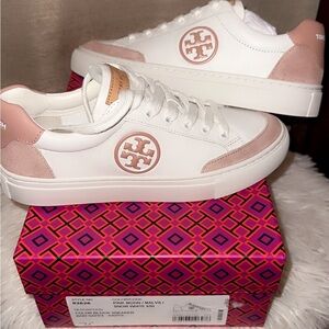 Tory Burch White and Pink Court-Style Sneakers